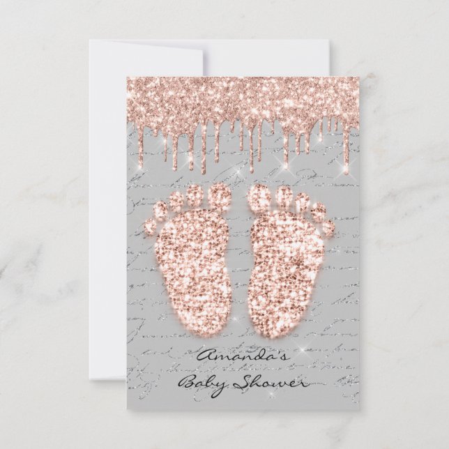 Glitzer Tropfen Rose Gray Baby Dusche Feet Einladung (Rückseite)