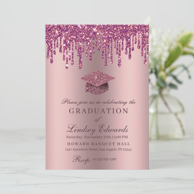 Glitzer Tropfen Rose Rosa Abschluss Einladung (Stehend Vorderseite)
