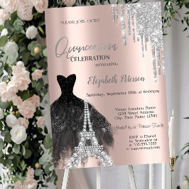Glitzer-Tropfen, Schwarz-Dress, Eiffelturm Quinceñ Einladung
