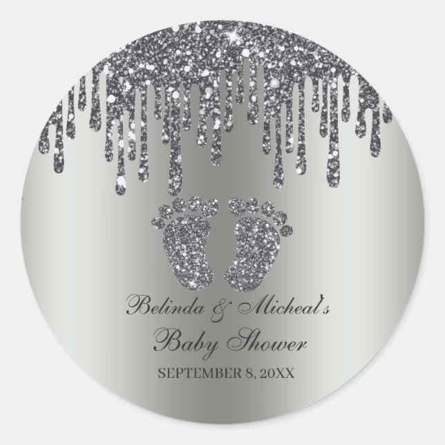 Glitzer Tropfen Silver Baby Feet Babydusche Runder Aufkleber (Vorderseite)