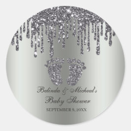 Glitzer Tropfen Silver Baby Feet Babydusche Runder Aufkleber