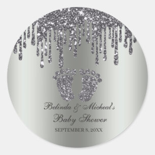Glitzer Tropfen Silver Baby Feet Babydusche Runder Aufkleber
