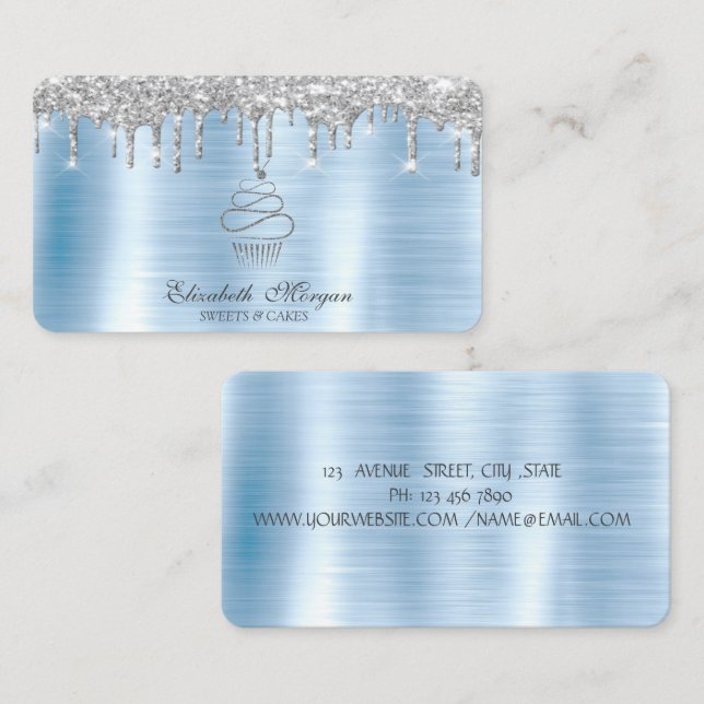 Glitzer Tropfen Silver Cupcake Bäckerei Blue Metal Visitenkarte (Vorne/Hinten)