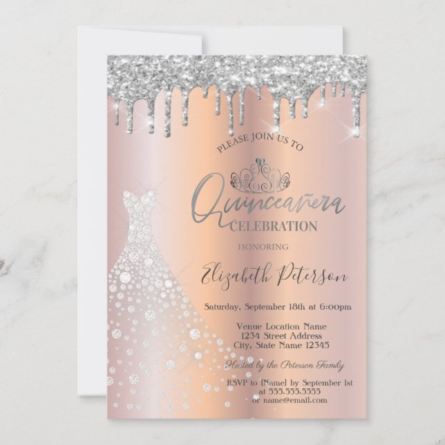 Glitzer Tropfen Silver Diamond Dress Quinceañera Einladung (Vorderseite)