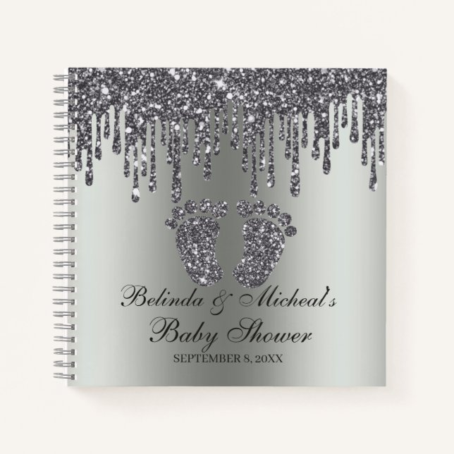 Glitzer Tropfen Silver Feet Baby Showbook Notizbuch (Vorderseite)
