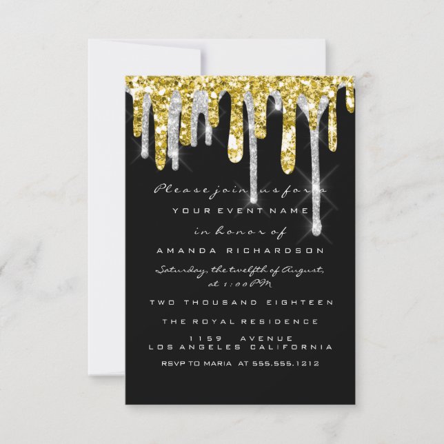 Glitzer Tropfen Silver Gold Bridal Sweet 16. Einladung (Vorderseite)