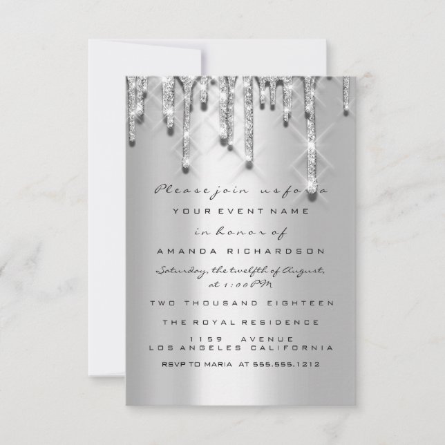 Glitzer Tropfen Silver Gray Bridal Sweet 16. 3d Einladung (Vorderseite)