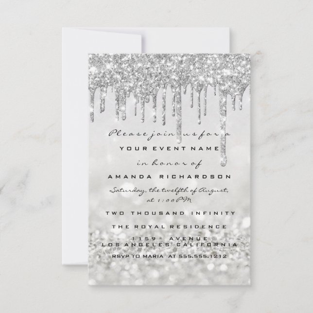 Glitzer Tropfen Silver Gray Bridal Sweet 16. Einladung (Vorderseite)
