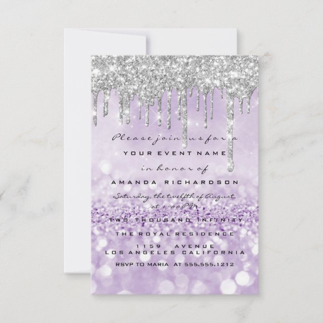 Glitzer Tropfen Silver Lila Bridal Sweet 16. Einladung (Vorderseite)