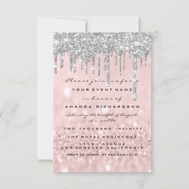 Glitzer Tropfen Silver Rose Bridal Sweet 16. Einladung (Vorderseite)