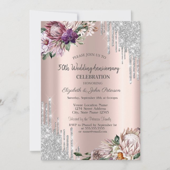 Glitzer Tropfen, Tropische Blume Rose Goldhochzeit Einladung (Vorderseite)