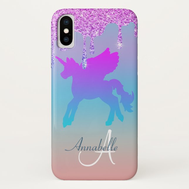 Glitzer Tropfen Unicorn Rosa Regenbogenname Case-Mate iPhone Hülle (Rückseite)