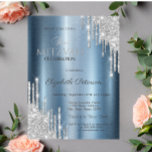 Glitzer Tropfens Blue Metallic Bat Mitzvah Einladung<br><div class="desc">Moderne,  schicke und glamouröse Einladung mit Glitzer-Tropfen auf blau-metallischem Hintergrund.</div>