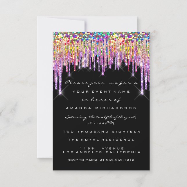 Glitzer Tropfens Rose Bridal 16. Rainbow Mermaid Einladung (Vorderseite)