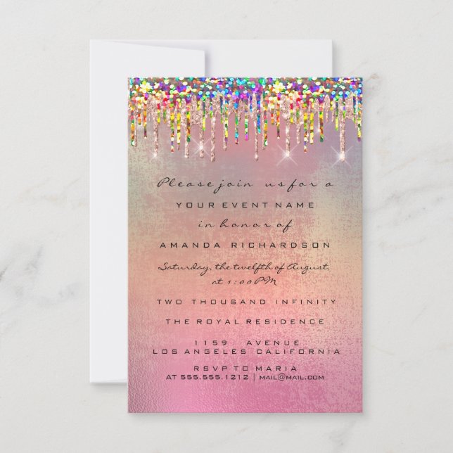 Glitzer Tropfens Rose Bridal 16. Rainbow Wedding Einladung (Vorderseite)