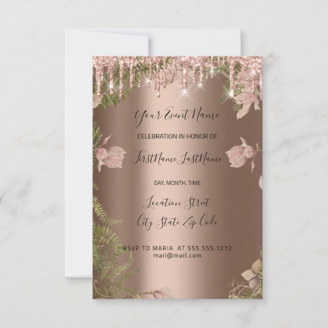 Glitzer Tropfens Rose Bridal Wedding Florals Wreat Einladung (Vorderseite)