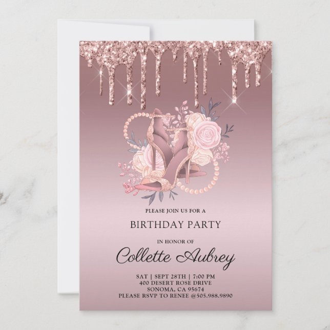 Glitzer Tropfens Rose Gold Geburtstag Einladung (Vorderseite)