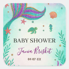 Glitzer Turquoise Mermaid Babydusche Quadratischer Aufkleber