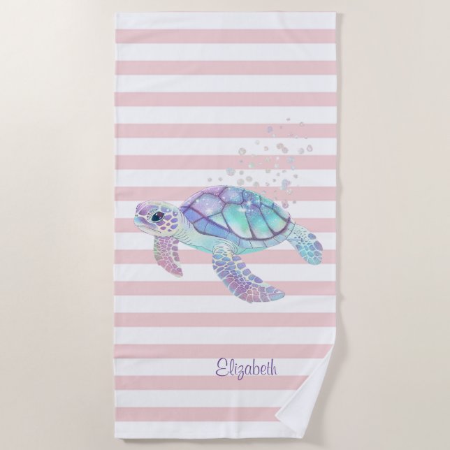 Glitzer Turtle Pink Streifen Strandtuch (Vorderseite)