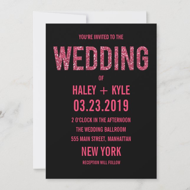 Glitzer-Typografie-Hochzeitseinladung in Schwarz/R Einladung (Vorderseite)