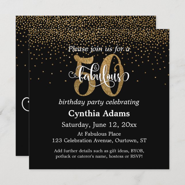 Glitzer u. Script 50 u. fabelhaft auf Schwarzem, Einladung (Vorne/Hinten)