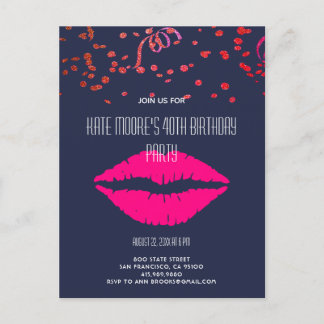 Glitzer und Glam Confetti & Lippen auf Schwarz Einladungspostkarte