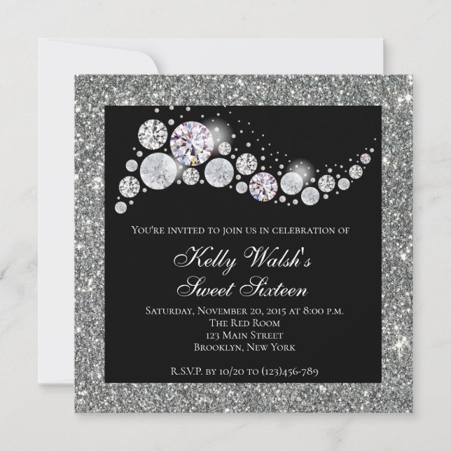 Glitzer und Glam Diamond Sweet 16 Einladung (Vorderseite)