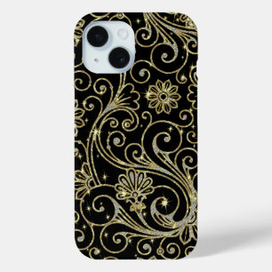 Glitzer und Glitzern aus Schwarz und Gold iPhone 15 Hülle