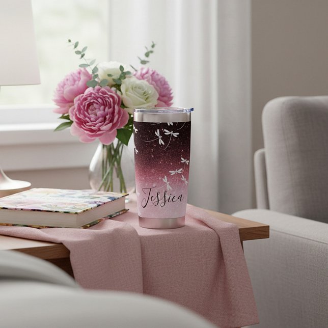 Glitzer und Libellen personalisiert Thermobecher (Von Creator hochgeladen)