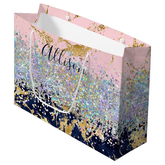 Glitzer und Marmor personalisiert Große Geschenktüte (Vorderseite Schrägansicht)