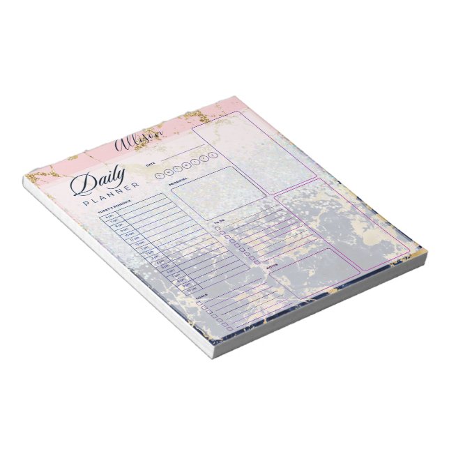 Glitzer und Marmor personalisierter Tagesplaner Notizblock (angewinkelt)