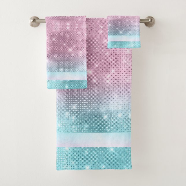 Glitzer und Muster Pink/Aquamarin ID671 Badhandtuch Set (Insitu)
