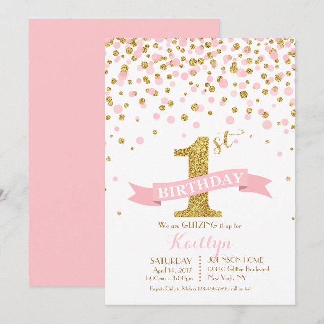 Glitzer und Rosa Sprinklen Moderne Geburt Einladung (Vorne/Hinten)