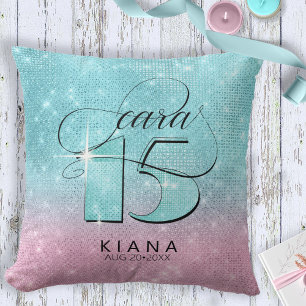 Glitzer und Shine Quinceanera Aquamarin/Pink V2 ID Kissen