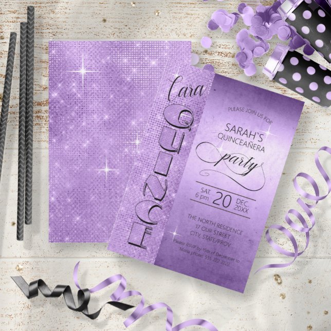 Glitzer und Shine Quinceanera Violet ID701 Einladung (Front/Back In Situ)