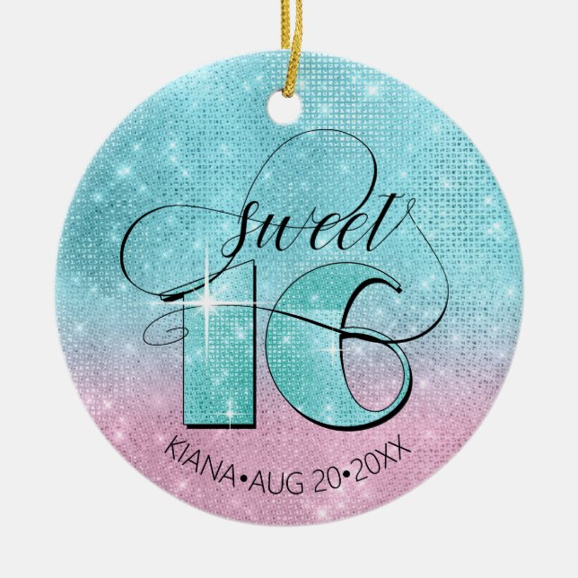 Glitzer und Shine Sweet 16 Aquamarin/Pink ID675 Keramik Ornament (Vorne)