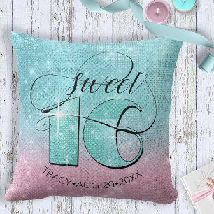 Glitzer und Shine Sweet 16 Aquamarin/Pink ID675 Kissen