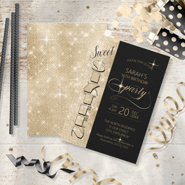 Glitzer und Shine Sweet 16 Black/Gold ID675 Einladung (Von Creator hochgeladen)