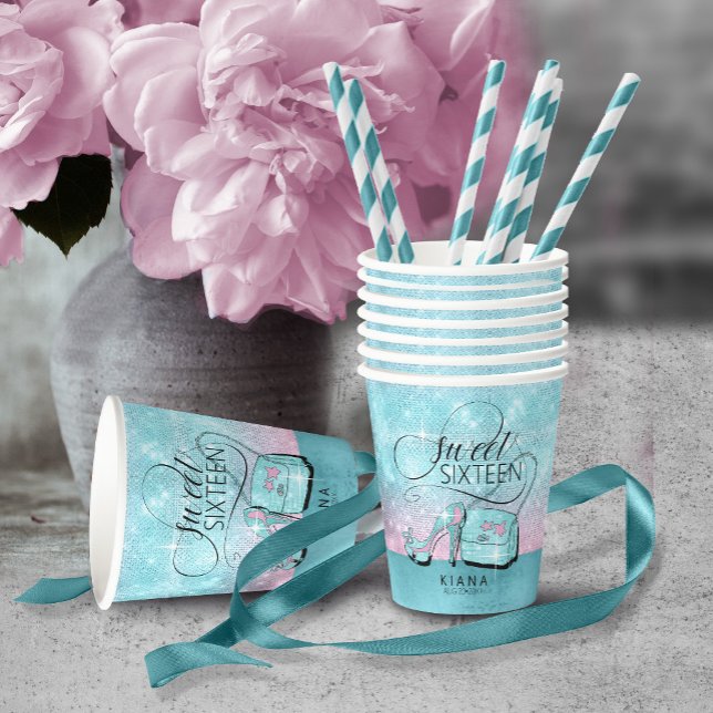 Glitzer und Shine Sweet 16 V2 Aquamarin/Pink ID675 Pappbecher (Von Creator hochgeladen)