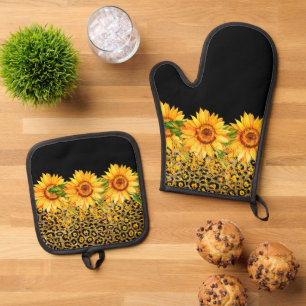 Glitzer und Sonnenblumen für Tiere Ofenhandschuh & Topflappen-Set