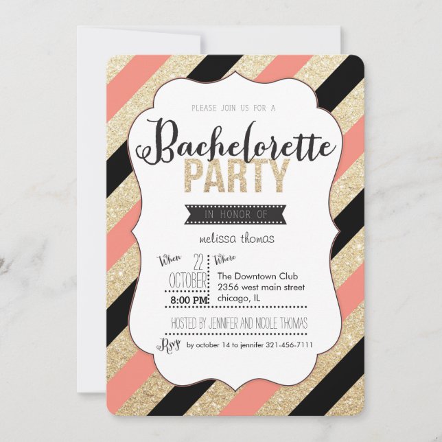 Glitzer und Streifen Bachelorette - Einladung (Vorderseite)