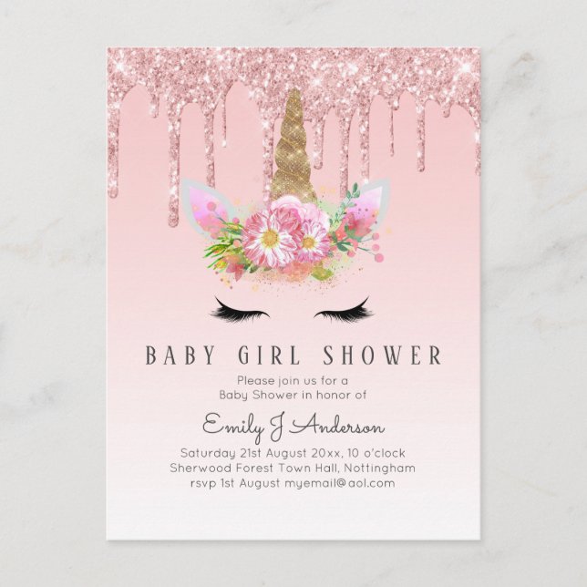 GLITZER UNICORN Baby MIRL Dusche Rosa Gold Postkarte (Vorderseite)