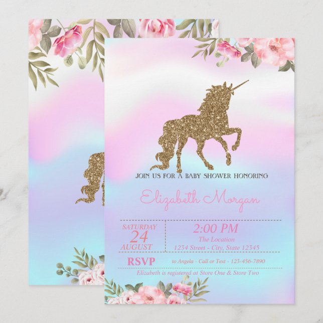 Glitzer Unicorn Bloral Holographic Baby Shower Einladung (Vorne/Hinten)