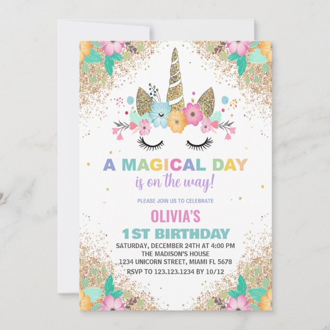 Glitzer Unicorn Einladung zum Geburtstag (Vorderseite)