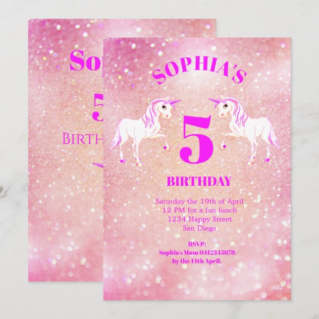 Glitzer Unicorn Magischer Rosa Niedliche Geburtsta Einladung (Vorne/Hinten)