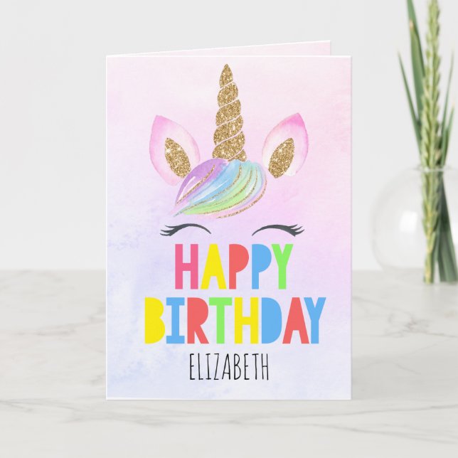 Glitzer Unicorn Personalisiert Girl Happy Geburtst Karte (Vorderseite)