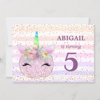 Glitzer Unicorn Pumpkin Girls 5. Geburtstag Einladung