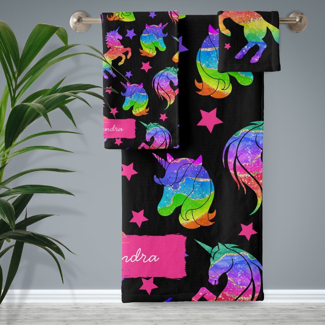 Glitzer Unicorn Regenbogenmuster mit Vorname Badhandtuch Set (Von Creator hochgeladen)