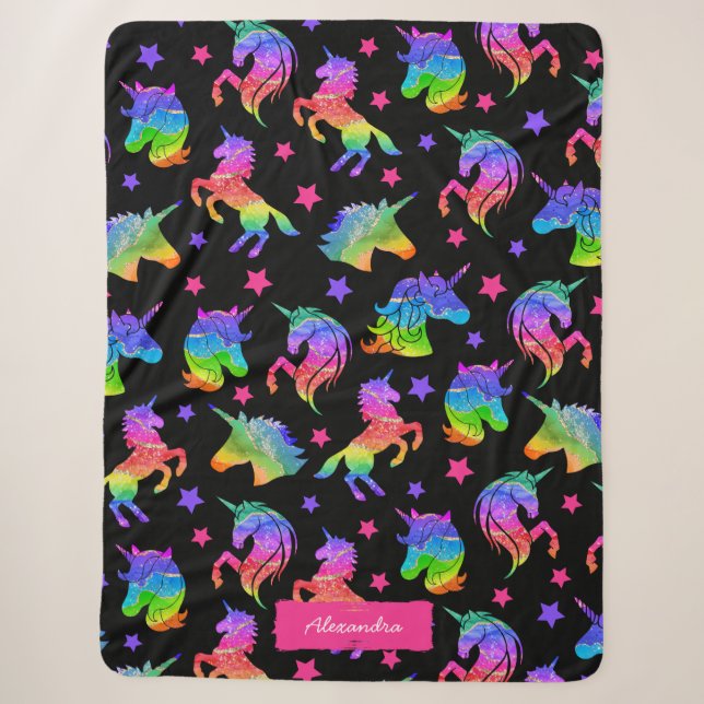 Glitzer Unicorn Regenbogenmuster mit Vorname Sherpadecke (Vorderseite)