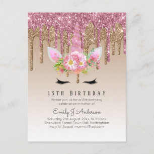 Glitzer Unicorn Rose Gold Rosa Dripping 13. Postkarte